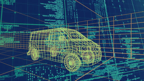 Animación-De-Conducción-De-Dibujos-De-Automóviles-En-3D-Con-Procesamiento-De-Datos-Sobre-Cuadrícula.