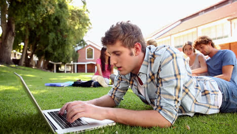 Student-using-laptop-with-classmates-sitting-behind-on-grass