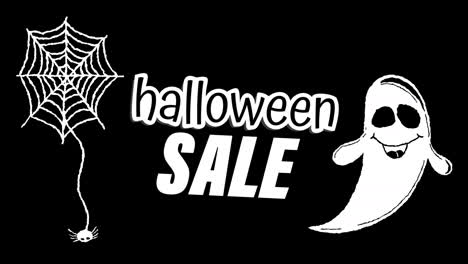 Animation-Des-Halloween-Verkaufstextes-über-Spinnennetz-Und-Geist-Auf-Dunklem-Hintergrund