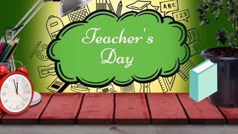 Animation-Des-Lehrertags-über-Schulartikel-Symbolen-Auf-Grünem-Hintergrund