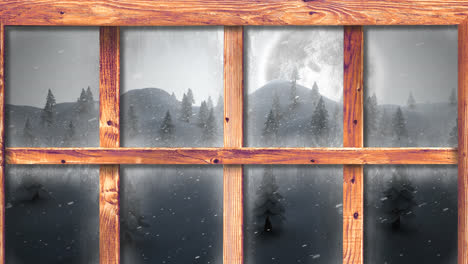 Animation-of-snow-falling-and-christmas-winter-scenery-and-moon-seen-through-window