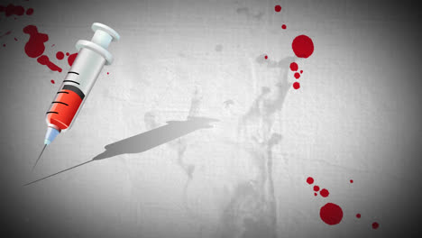 Animation-of-syringe-icon-over-blood-stains-and-smoke-on-grey-background