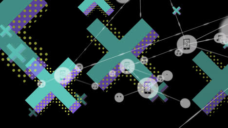 Animation-of-network-of-connections-over-crosses-on-black-background