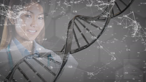 Animation-of-data-processing,-network-of-connection-and-dna-strand-over-smiling-asian-female-doctror