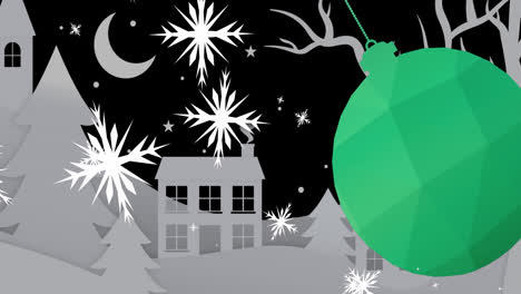 Animation-Von-Weihnachtlichen-Schneeflocken,-Die-über-Christbaumkugeln-Und-Eine-Winterlandschaft-Auf-Schwarzem-Hintergrund-Fallen