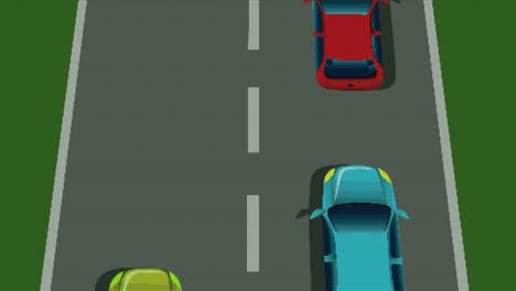 Animation-Eines-Videospielbildschirms-Mit-Autos,-Die-Auf-Einer-Sich-Bewegenden-Straße-Rasen