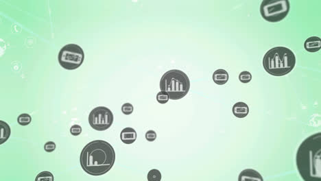 Animation-of-network-of-connections-with-statistic-icons-on-green-background