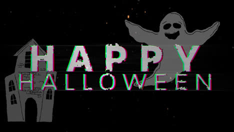 Animation-of-happy-halloween-text-over-ghost-and-haunted-house-on-dark-background