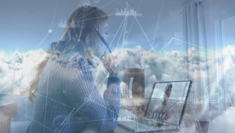 Animation-of-network-of-connections-with-icons-over-clouds-and-woman-using-laptop