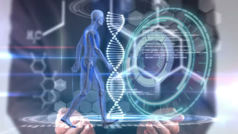 Animation-of-scope-scanning,-human-body,-dna-strand-and-data-processing-over-caucasian-businessman