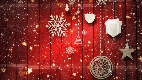 Animation-Von-Schnee,-Der-über-Weihnachtsdekorationen-Auf-Rotem-Hintergrund-Fällt