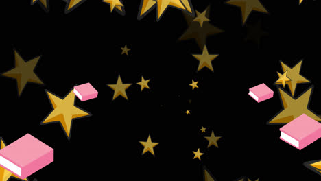 Animation-of-glowing-stars-over-pink-books-on-black-background