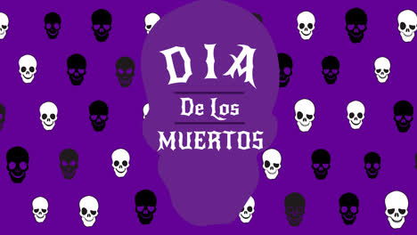 Animation-Des-Dia-De-Los-Muertos-über-Totenköpfen-Auf-Violettem-Hintergrund-Mit-Blumen