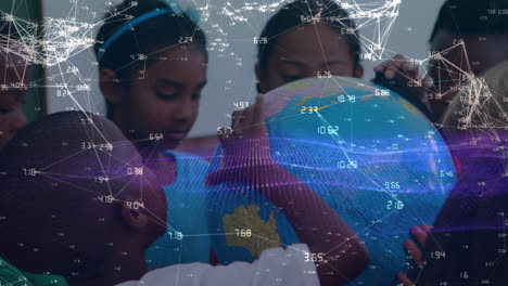 Animation-of-network-of-connections-over-african-american-school-children-with-globe