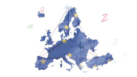Animation-of-european-union-flag-stars-and-map-of-europe-with-letters-on-white-background