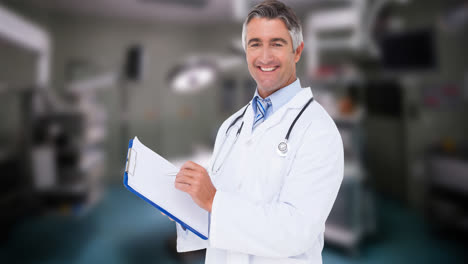 Animation-of-smiling-caucasian-male-doctor-with-clipboard-over-surgeon-room