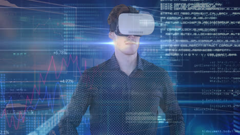 Animation-of-caucasian-businessman-in-vr-headset-using-touchscreen-with-diverse-data