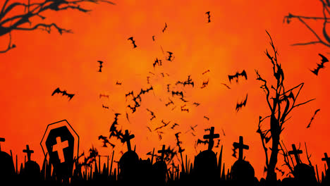 Animation-Von-Fliegenden-Fledermäusen-Und-Halloween-Friedhof-Auf-Orangefarbenem-Hintergrund