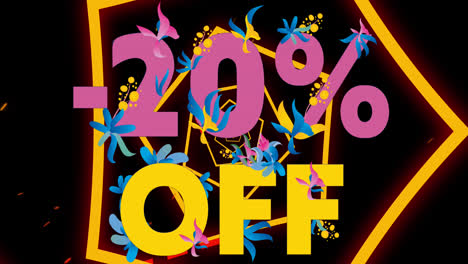 Animation-of-rotating-pentagons-and-20-percent-off-text-on-black-background