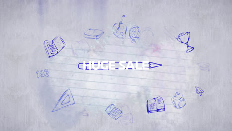 Animation-of-school-items-icons-and-huge-sale-text-over-white-background