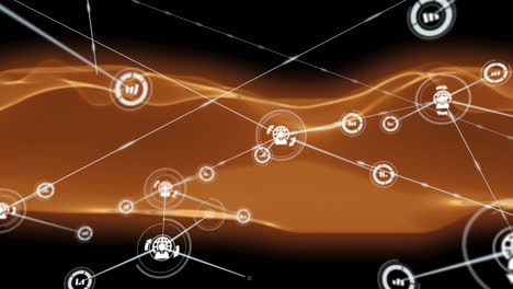 Animation-of-network-of-connections-over-orange-waves-on-black-background