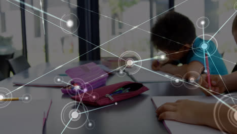Animation-of-network-of-connections-over-hands-of-diverse-pupils-writing-at-school