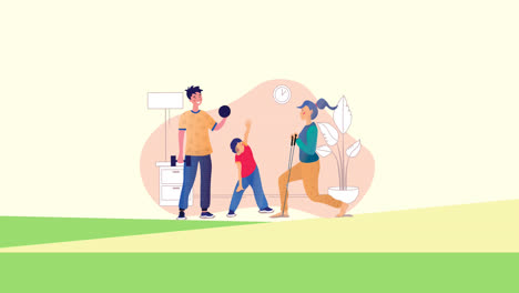 Animation-of-family-exercising-at-home-on-green-background
