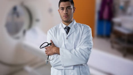 Animation-of-caucasian-male-doctor-with-stethoscope-over-surgeon-room