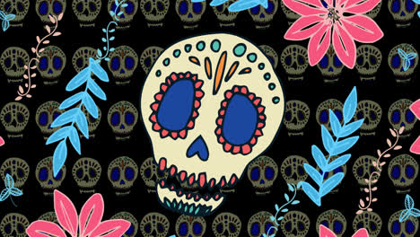 Animation-of-decorative-skulls-and-flowers-on-black-background