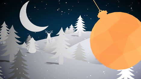 Animation-of-christmas-snow-falling-over-bauble-in-winter-landscape