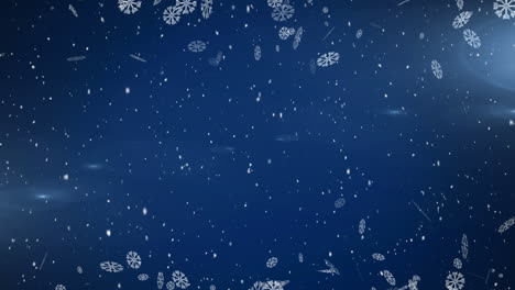Animation-of-christmas-snowflakes-falling-over-blue-background