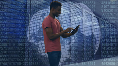 Animation-of-african-american-man-using-laptop-over-globe,-computer-servers-and-data-processing