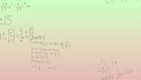 Animation-of-handwritten-mathematical-formulae-over-green-to-pink-background