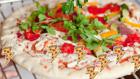 Animation-of-lightning-shape-pizza-icons-over-fresh-pizza