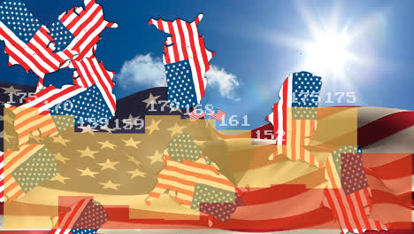 Animation-Der-Statistik--Und-Zahlenverarbeitung-über-Flaggen-Der-Vereinigten-Staaten-Von-Amerika