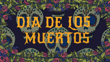 Animation-Zum-Dia-De-Los-Muertos-über-Dekorativen-Totenköpfen-In-Einem-Blumenrahmen