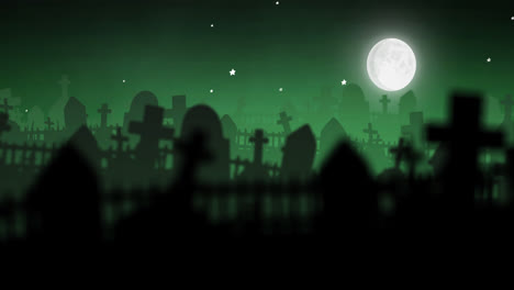 Animation-of-halloween-cemetery-and-full-moon-on-green-background