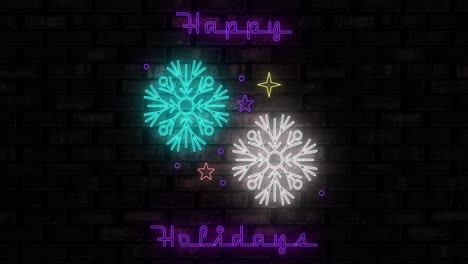 Animation-of-neon-happy-holiday-text-and-snowflakes-on-black-background