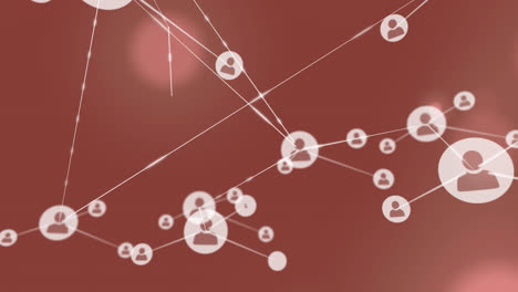 Animation-of-network-of-connections-with-icons-over-light-spots-on-red-background