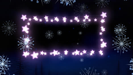 Animation-Von-Weihnachtsschneeflocken,-Die-über-Lichter-Auf-Schwarzem-Hintergrund-Fallen