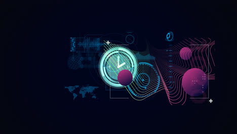 Animation-of-digital-interface-with-clock-over-dark-background