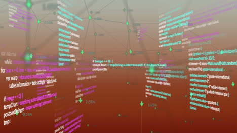 Animation-of-network-of-connections-and-data-processing-on-red-background