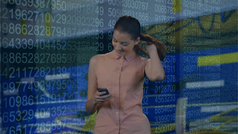 Animation-of-caucasian-woman-using-smartphone-over-financial-data-processing