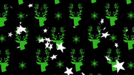 Animation-Von-Sternen,-Die-über-Ein-Weihnachtliches-Grünes-Rentiermuster-Im-Hintergrund-Fallen