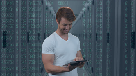 Animation-of-caucasian-man-using-tablet-over-server-room