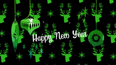 Animation-of-new-year-greetings-over-christmas-green-baubles-and-reindeer-pattern-in-background