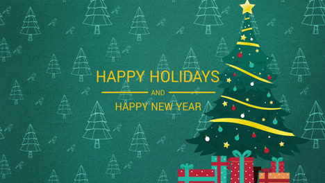 Animation-Eines-Textes-Mit-Frohen-Feiertagen-über-Geschenken-Und-Einem-Weihnachtsbaum