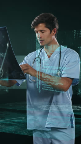 Animation-of-biracial-male-doctor-over-data-processing