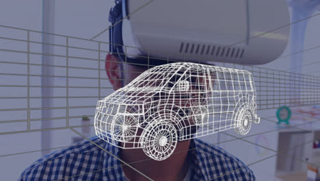 Animación-De-Un-Dibujo-Digital-En-3D-De-Un-Automóvil-Sobre-Un-Hombre-Usando-Auriculares-Vr
