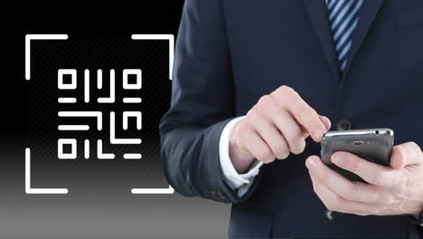 Animation-of-qr-code-and-businessman-using-smartphone